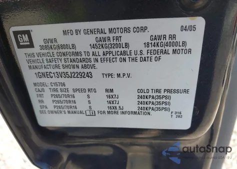 2005 Chevrolet Tahoe Ls from USA, damaged, VIN 1GNEC13V35J229243